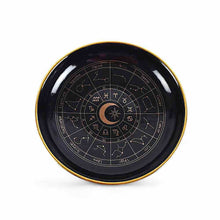 Black astrology wheel trinket dish with gold rim and zodiac constellation circle