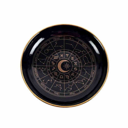 Glossy black trinket jewellery dish with gold border and central astrology star emblem