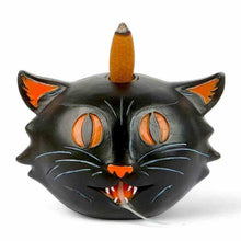 Black cat backflow incense burner with orange flame face design and incense cone