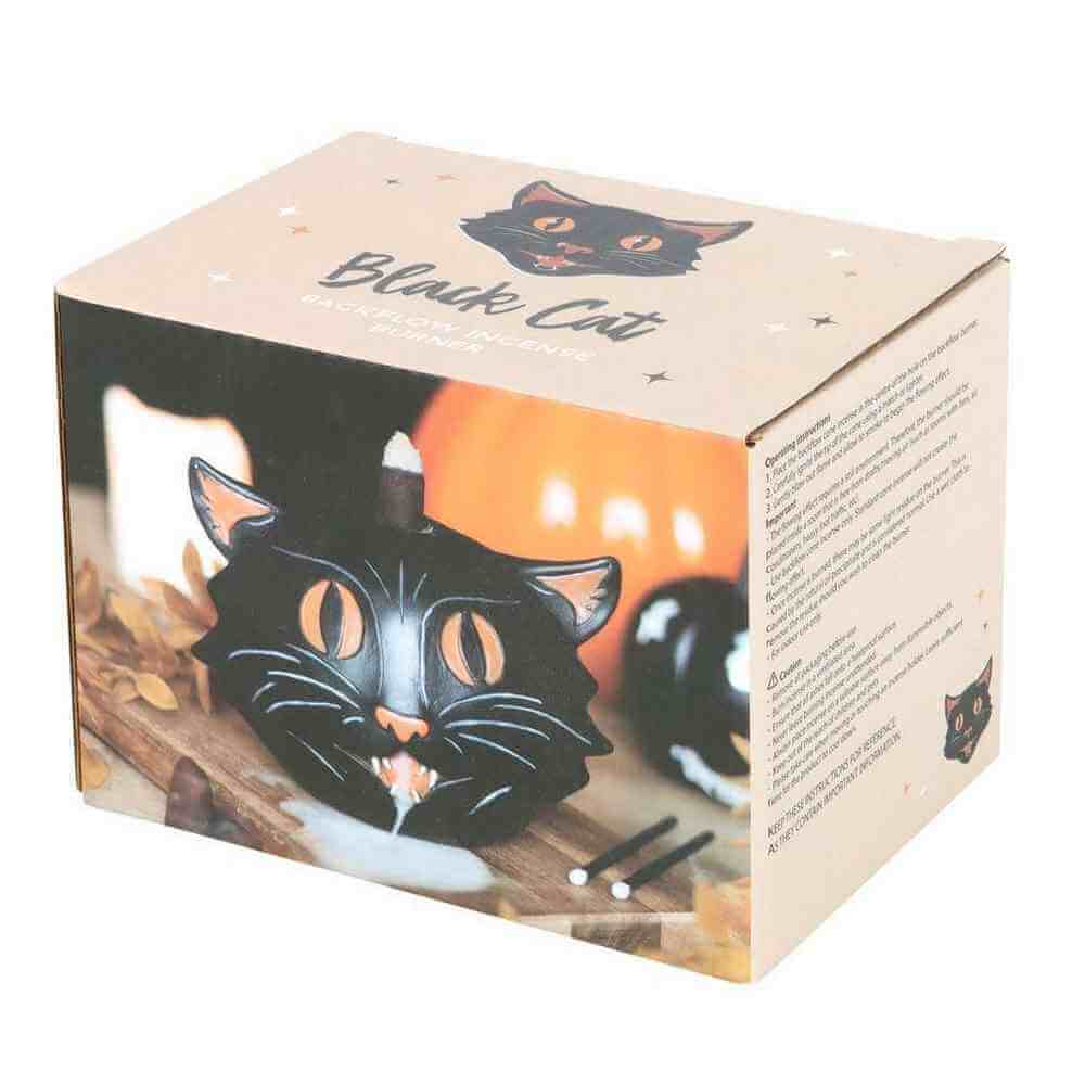 Black cat backflow incense burner gift box with cat illustration and cone holder