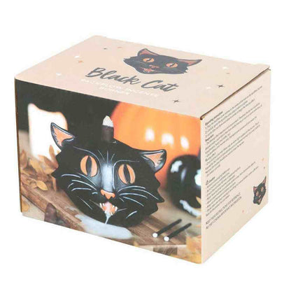 Black cat backflow incense burner gift box with cat illustration and cone holder