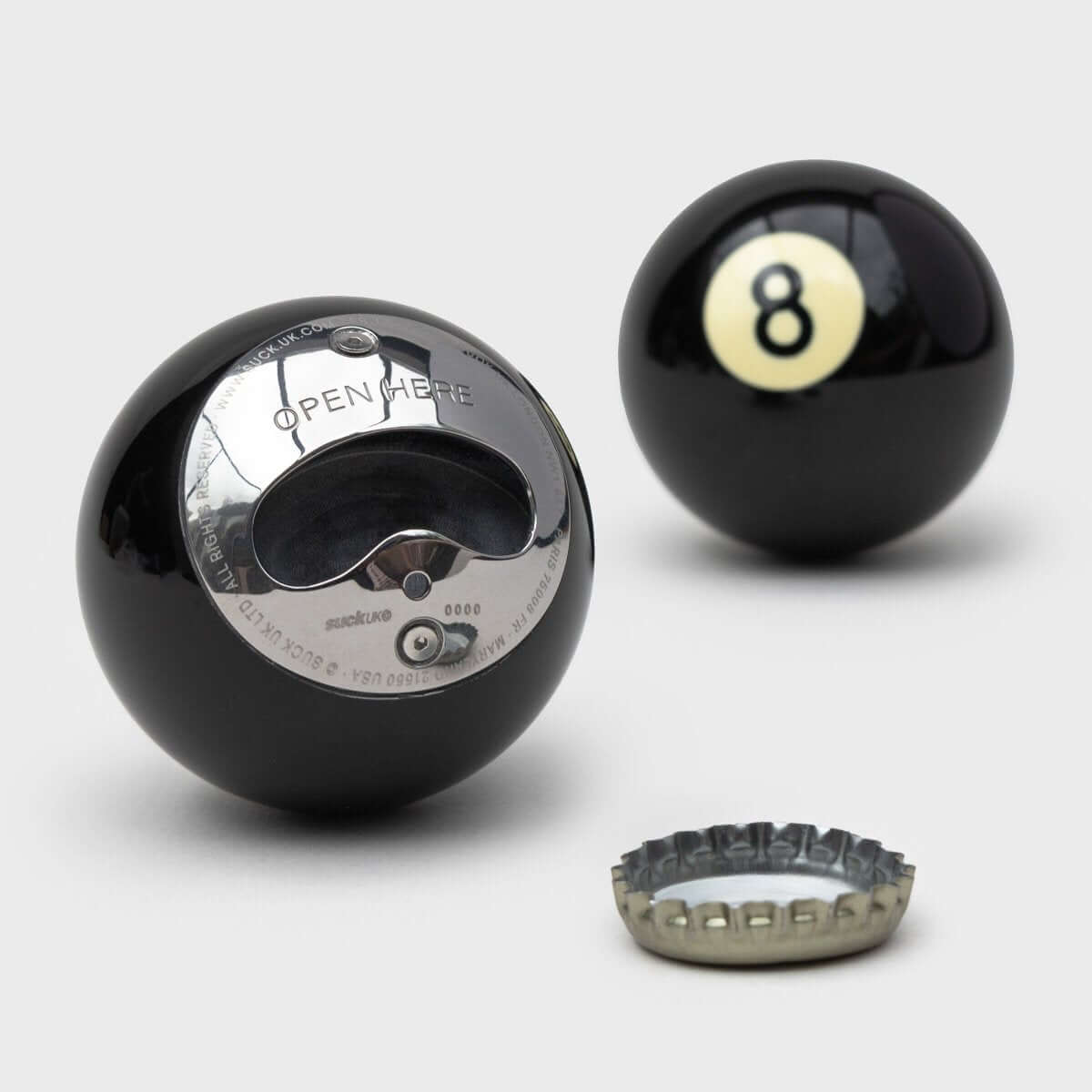 Black 8-ball style bottle opener with stainless opener blade, open view
