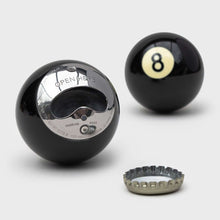 Black 8-ball style bottle opener with stainless opener blade, open view