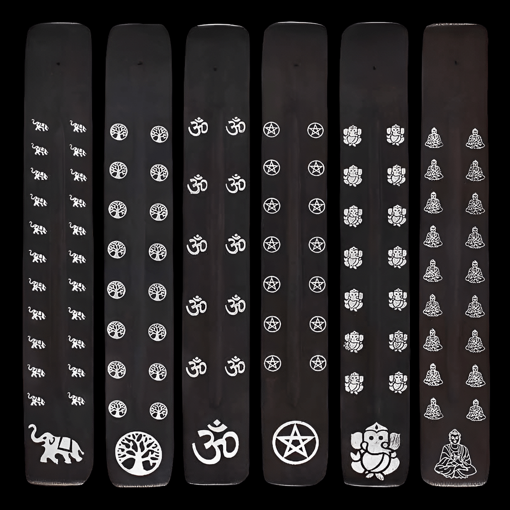Black wooden incense stick holder set showing multiple design panels in a row