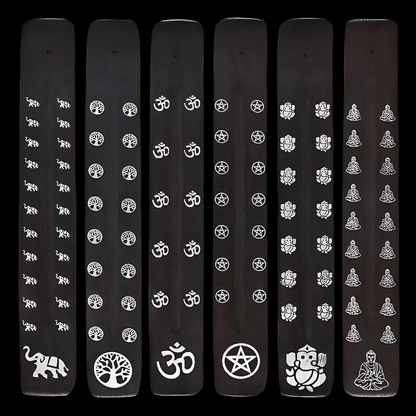 Black wooden incense stick holder set showing multiple design panels in a row