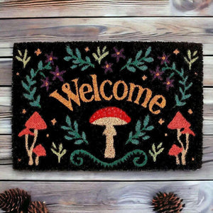 The Fashion Gift Shop: Dark Forest Black Mushroom Welcome Mystical Mushroom Doormat Indoor Use by Spirit of equinox, Door Mats