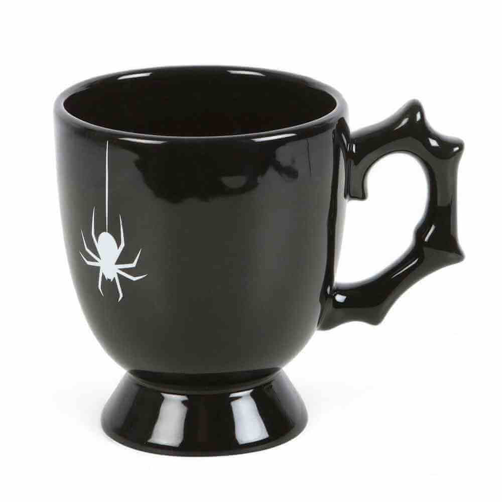 Black gothic-style spider teacup with spider web emblem, pedestal base