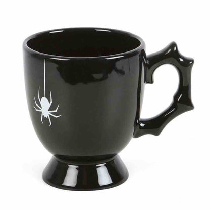 Black gothic-style spider teacup with spider web emblem, pedestal base