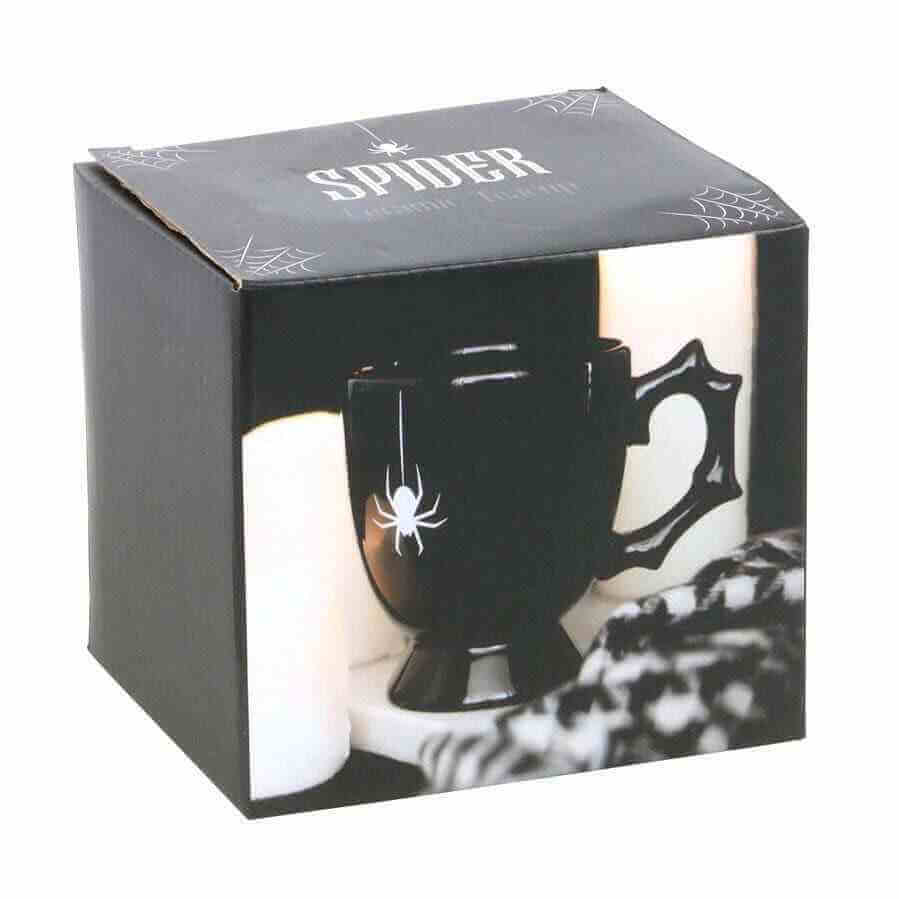 Black teacup set box with spider logo and spider-web graphics