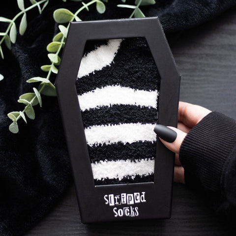 Black & White Striped Socks in Coffin Gift Box - Novelty Socks by Spirit of equinox