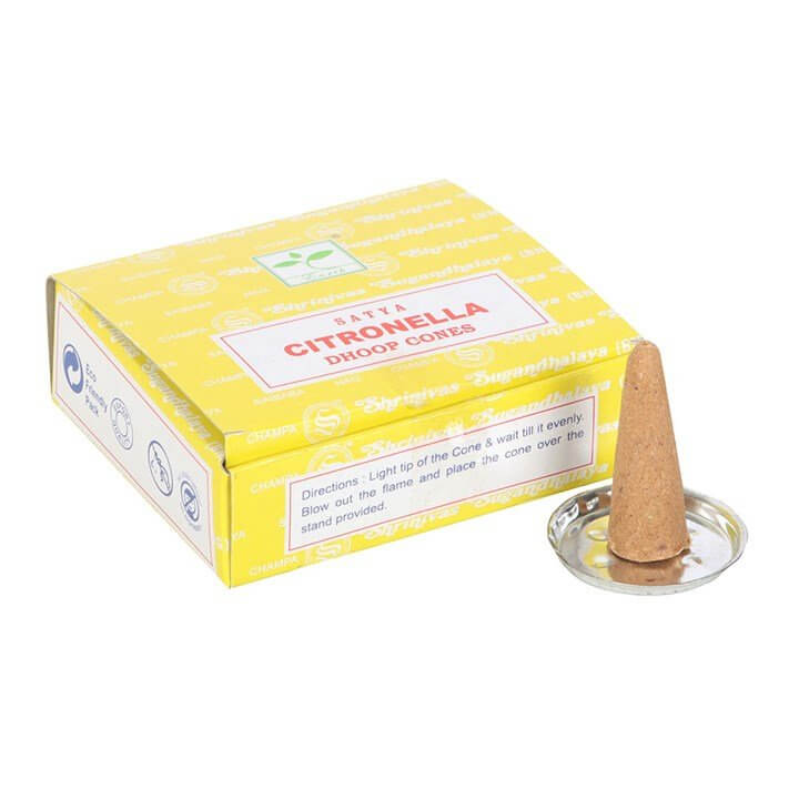 Incense cone box with glass dish and terracotta cone; Citronella cones.