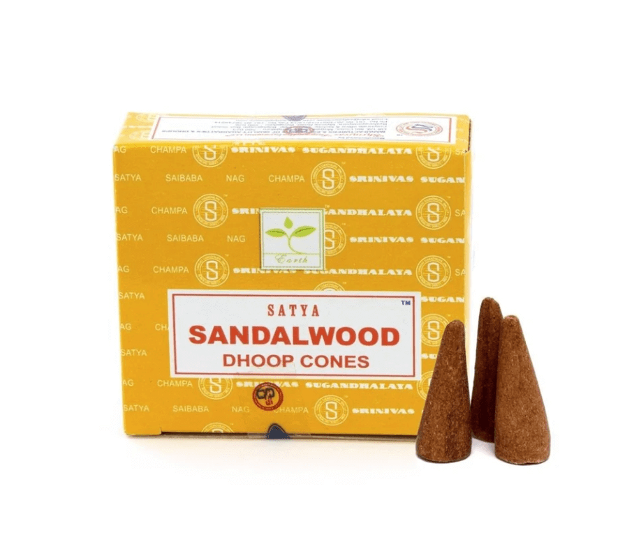 Incense cone box with two terracotta cones; Sandalwood Dhoop cones.