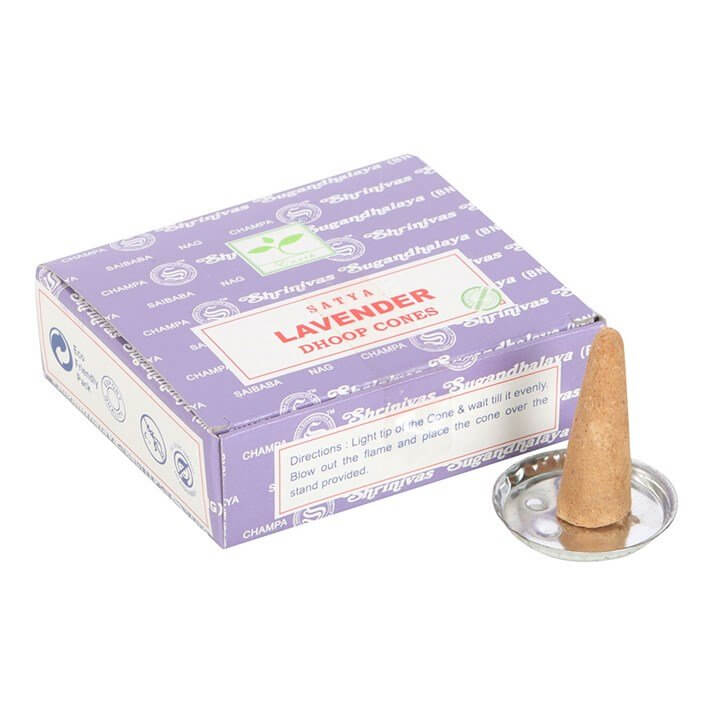Incense cone box with glass dish and terracotta cone; Lavender cones.