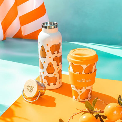 Capybara insulated travel coffee mug with orange lid, white bottle with capybara print