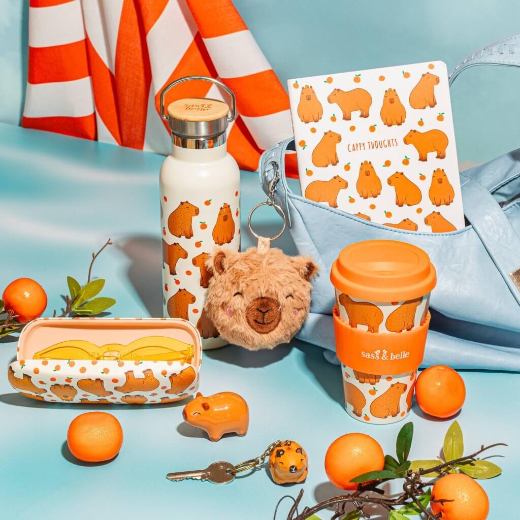 Capybara travel coffee mug, white with orange lid and 'Sass & belle' band, metal top