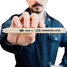 Wood carpenter's level pencil with built-in spirit vial, held in a hand.