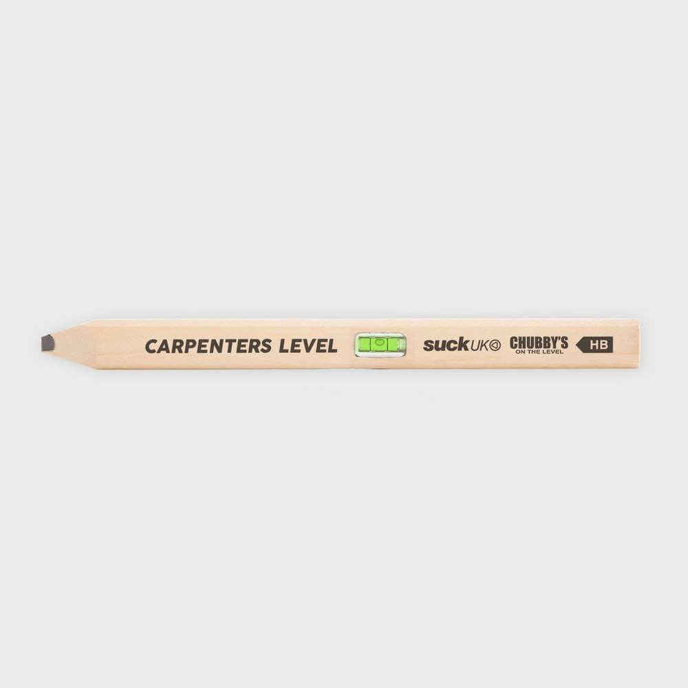 Carpenter's level pencil with built-in spirit vial, close-up side view.