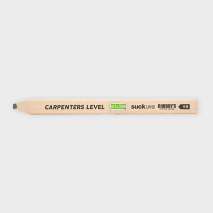 Carpenter's level pencil with built-in spirit vial, close-up side view.