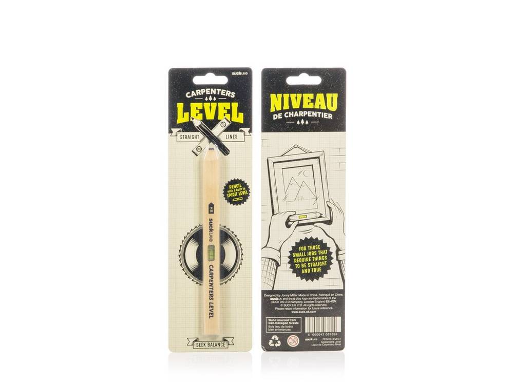 Carpenter's level pencil with spirit vial, shown on blister pack packaging back.