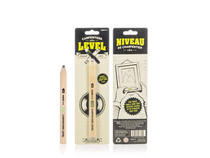 Carpenter's level pencil and packaging blister with ruler and level illustrations.