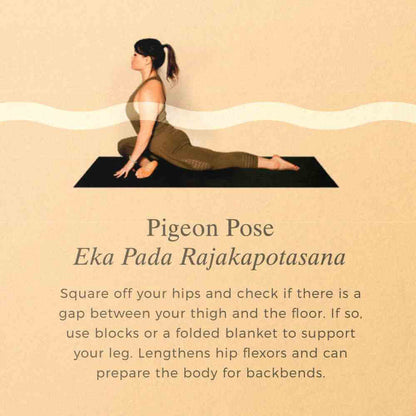 Yoga flow poster featuring pigeon pose illustration with title text and guidance