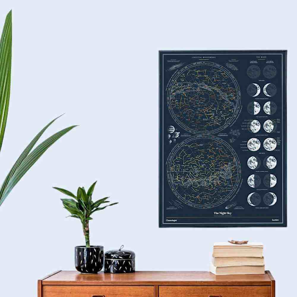 Framed night sky scratch-off poster with star charts and moon phase discs