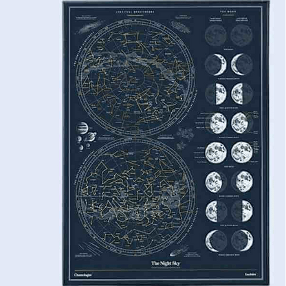 Framed night sky scratch-off poster with two star maps and moon phase panel