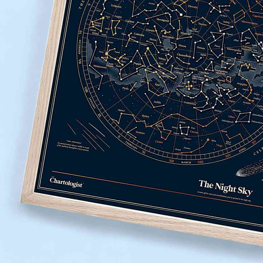 Night sky scratch-off poster corner with star map details and decorative lines