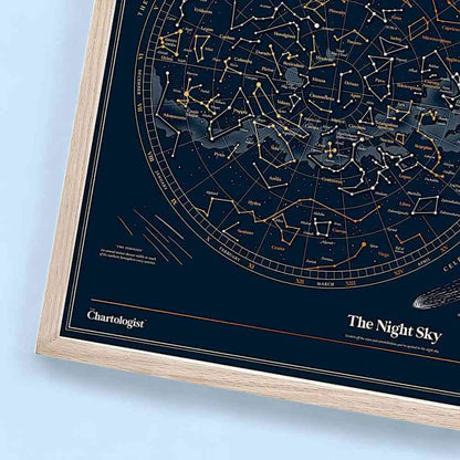 Night sky scratch-off poster corner with star map details and decorative lines