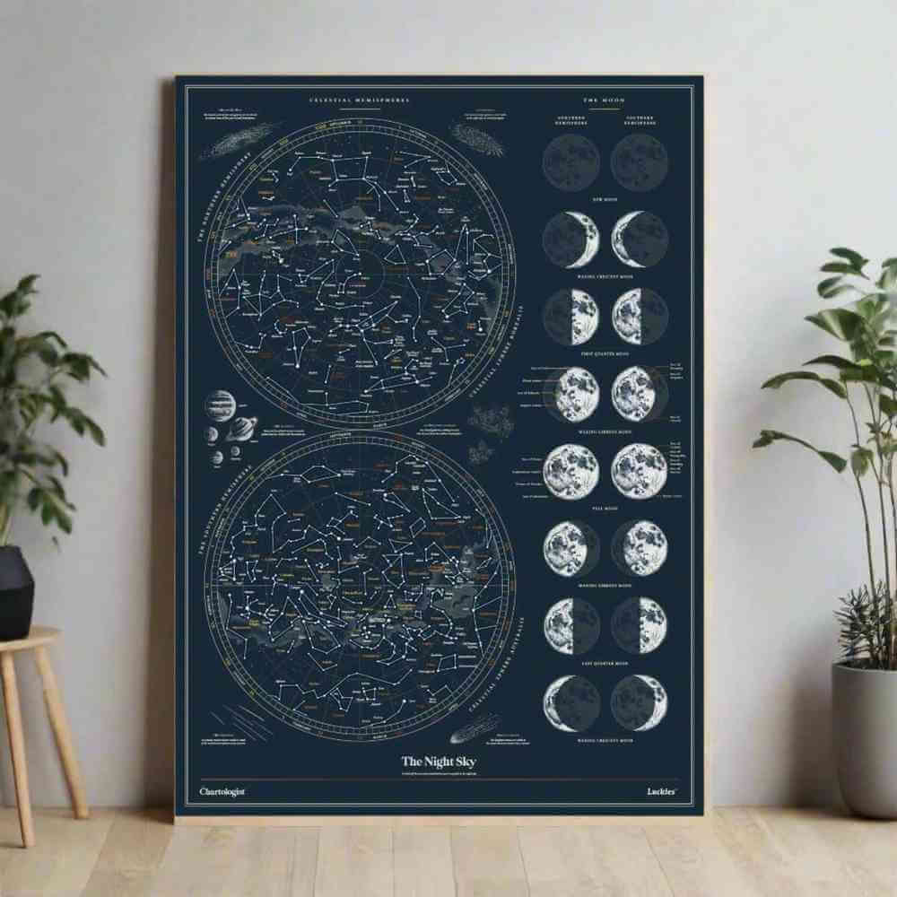 Framed night sky scratch-off poster with two star charts and moon phase circles