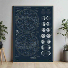 Framed night sky scratch-off poster with two star charts and moon phase circles