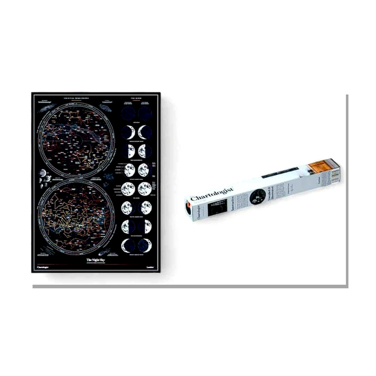 Astrophysical chart and a box labeled 'Charnelogue' on a white background