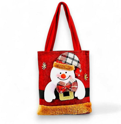 Red felt Christmas gift tote bag with snowman face and plaid hat applique