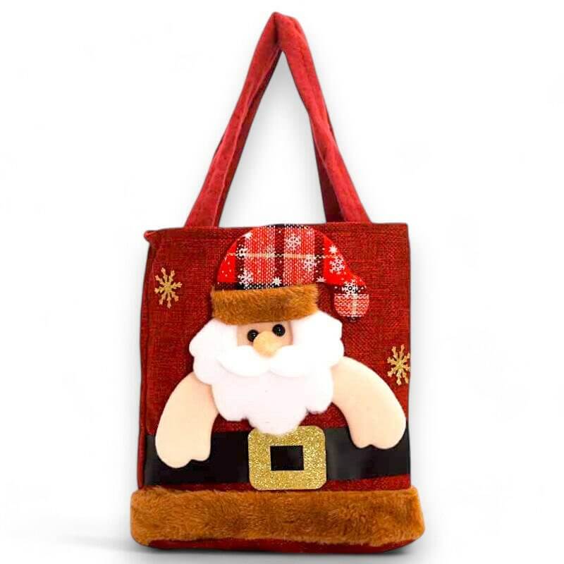 Red felt Christmas gift tote bag with Santa face and white beard applique