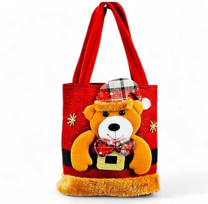 Red felt Christmas gift tote bag with teddy bear holding candy cane applique