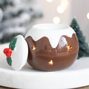 Christmas Pudding Oil Burner, Wax Melt Warmer, Holly Leaf, Red Cherry