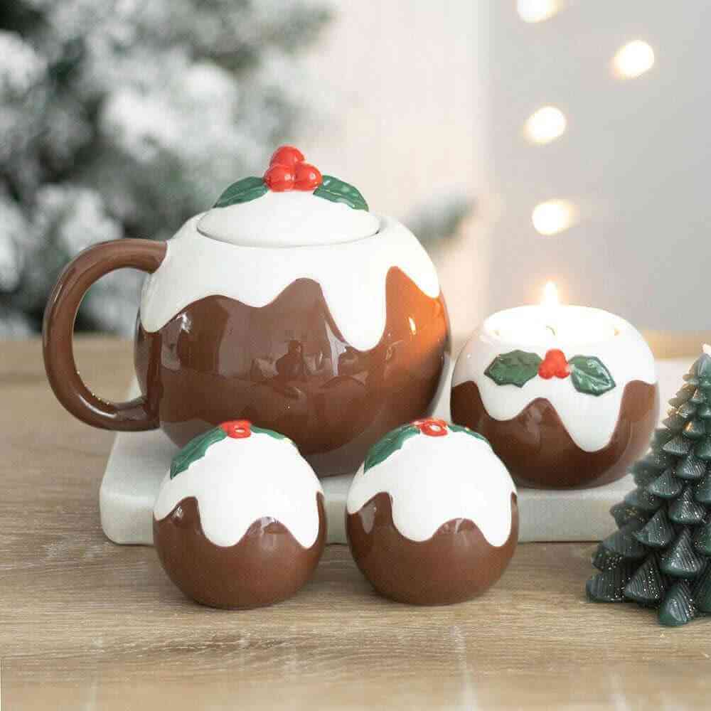 Pudding tealight candle holder set with one large and two small holders, white tops and brown bases