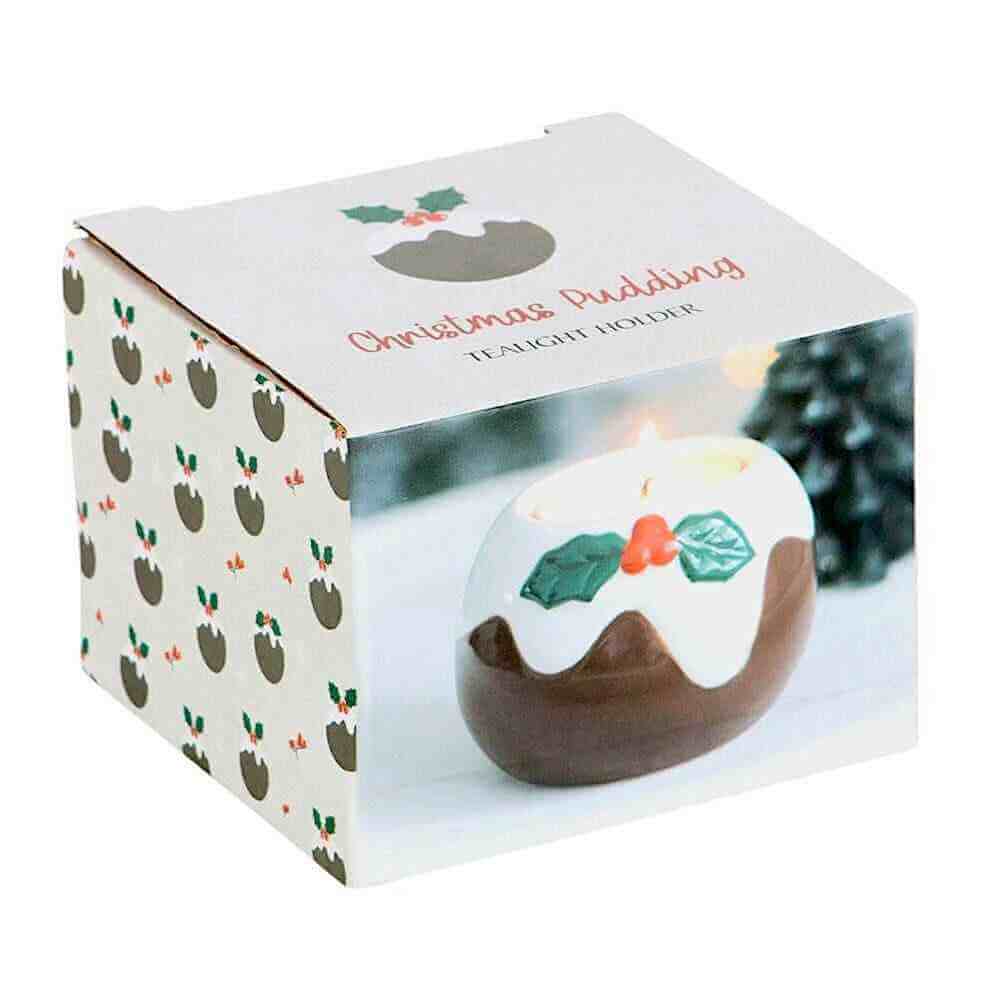 Pudding tealight holder gift box, showing white top and brown base with holly design