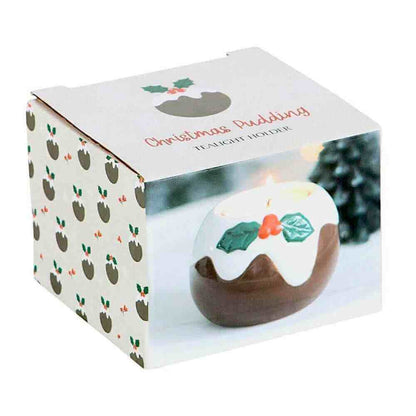 Pudding tealight holder gift box, showing white top and brown base with holly design
