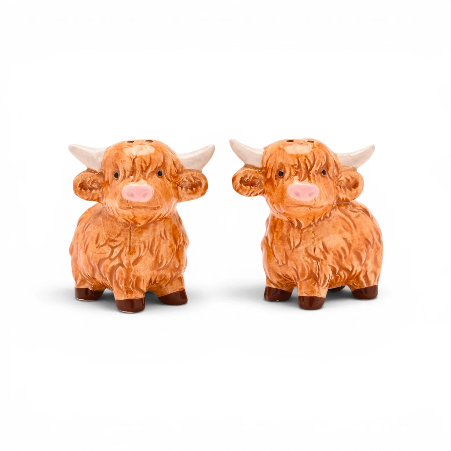 Highland cow salt and pepper shaker set, orange-brown ceramic figures