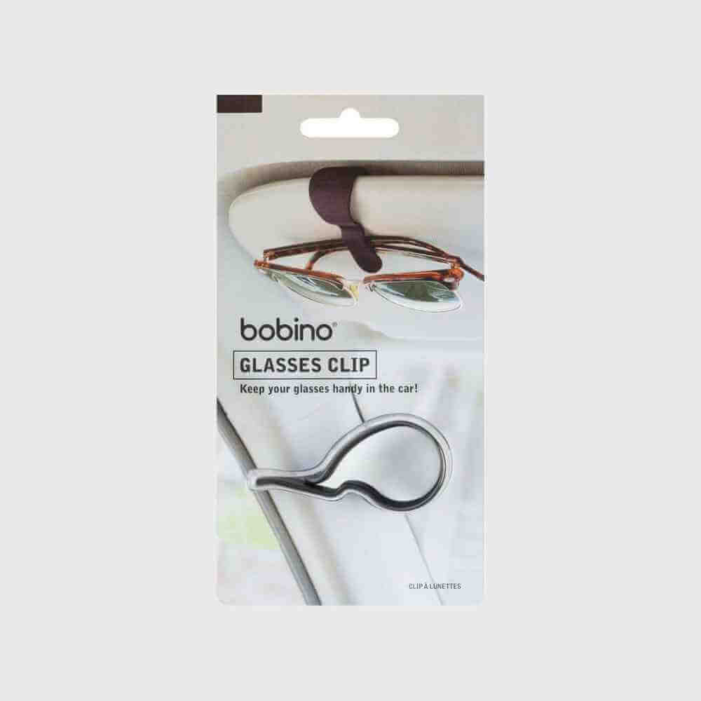 Bobino GLASSES CLIP package card with dark gray clip and cradle