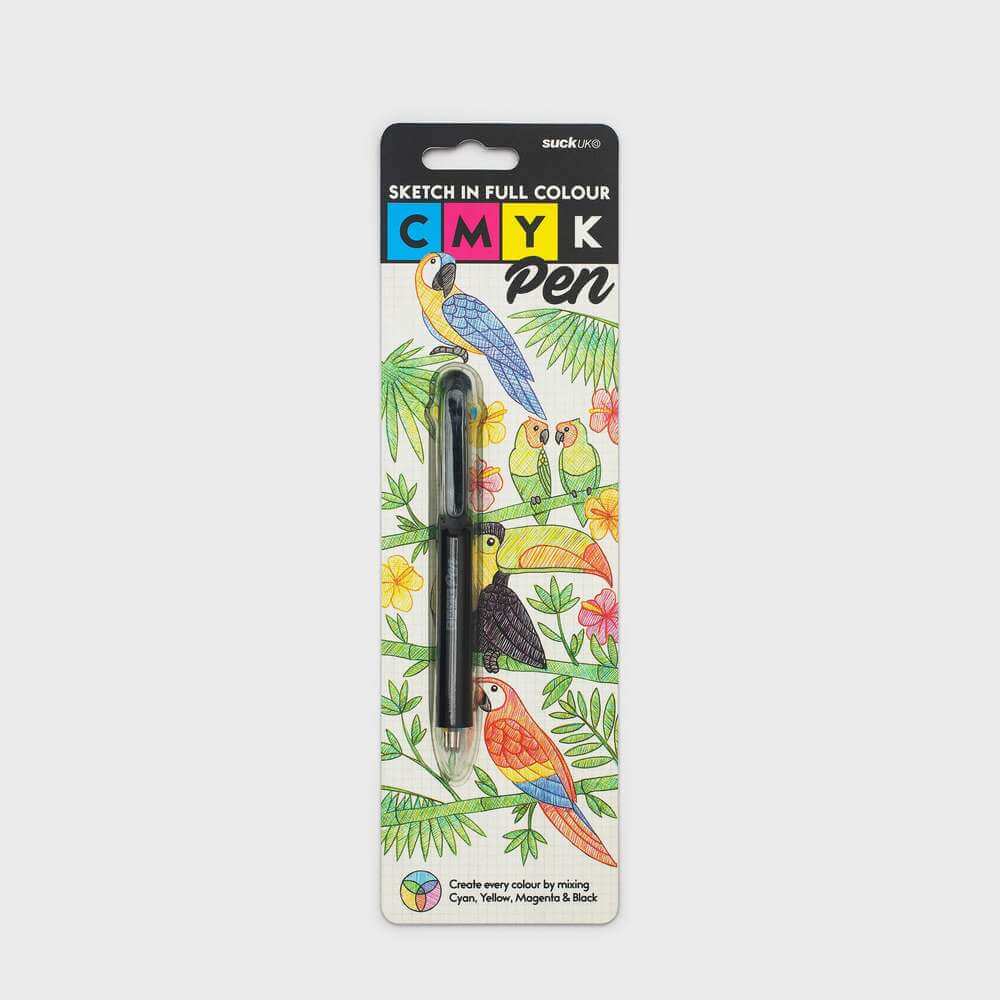 CMYK pen ballpoint in package with toucan and leaf print