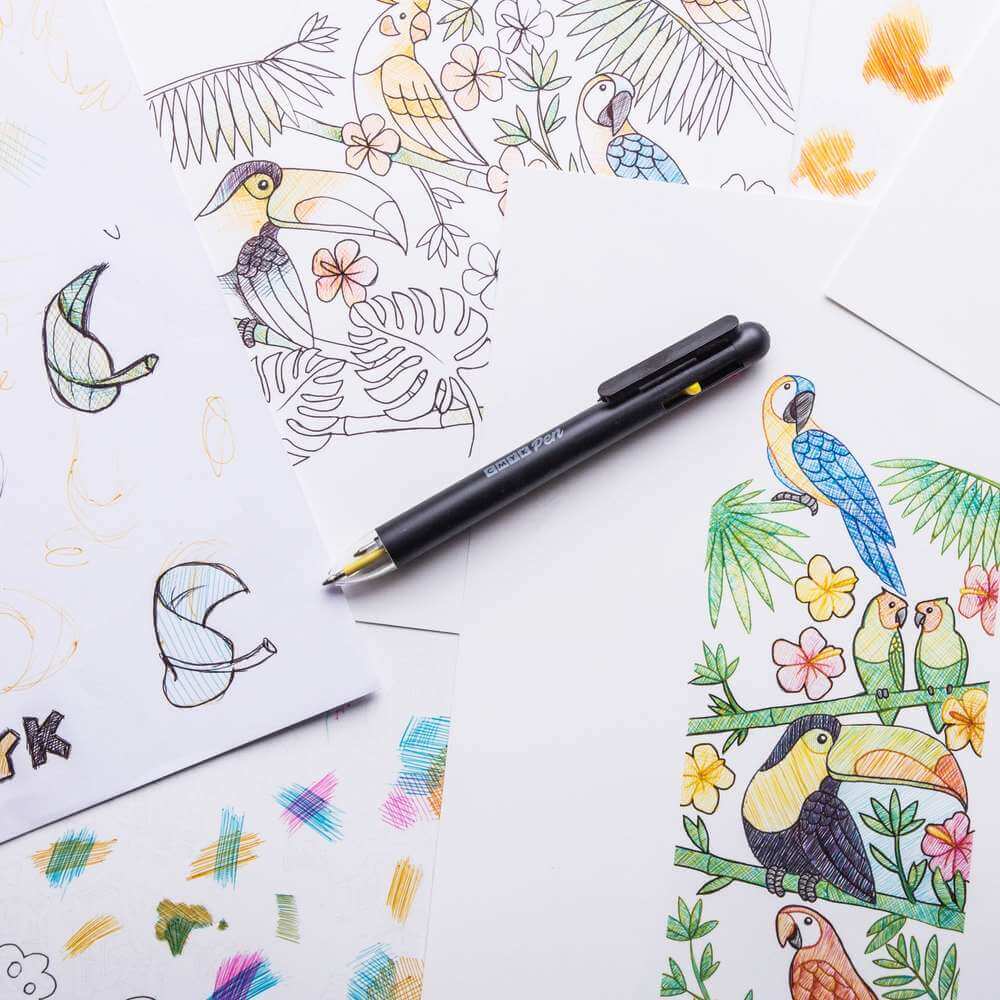 CMYK pen ballpoint on bird illustration sheet with small multicolor marks