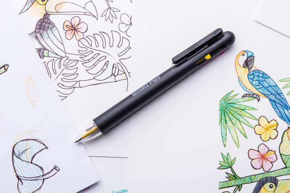 CMYK pen ballpoint on sketch pages with bird and flower outline drawings