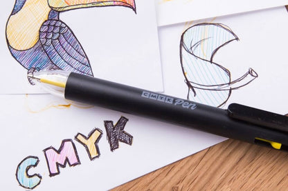CMYK pen ballpoint on paper with colorful bird sketch lines