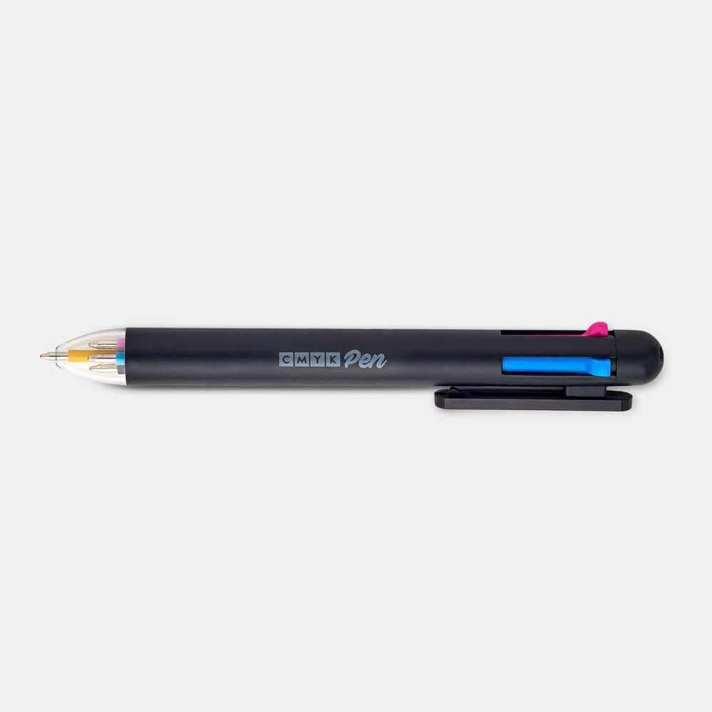 CMYK pen ballpoint with exposed cartridge showing blue and yellow details