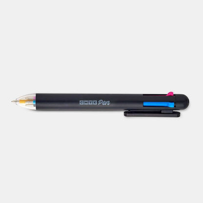 CMYK pen ballpoint with exposed cartridge showing blue and yellow details