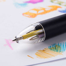 Ballpoint pen tip releasing colorful ink strokes on sketch paper