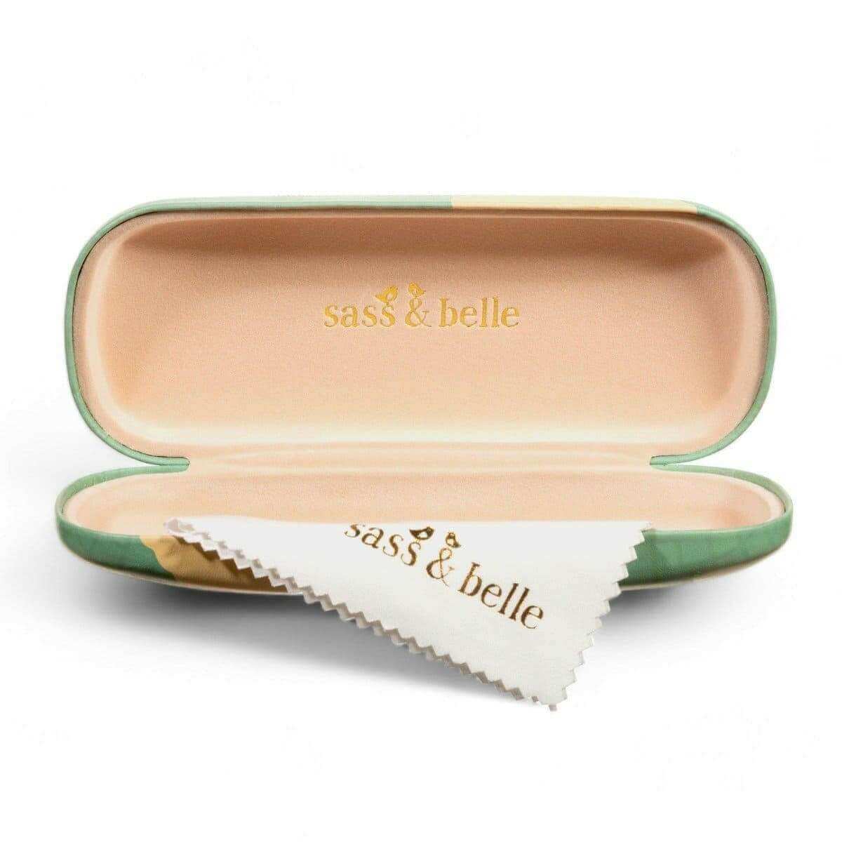 Cockapoo glasses case open, teal shell with matching cleaning cloth