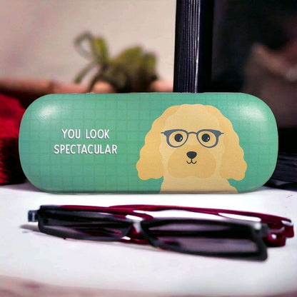 Cockapoo glasses case with dog-face print, teal shell displayed with sunglasses